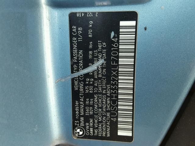 4USCH3332XLF70164 - 1999 BMW Z3 2.8 BLUE photo 10