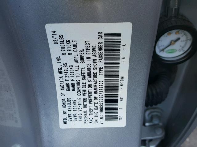 1HGCR2E38EA172703 - 2014 HONDA ACCORD LX SILVER photo 10