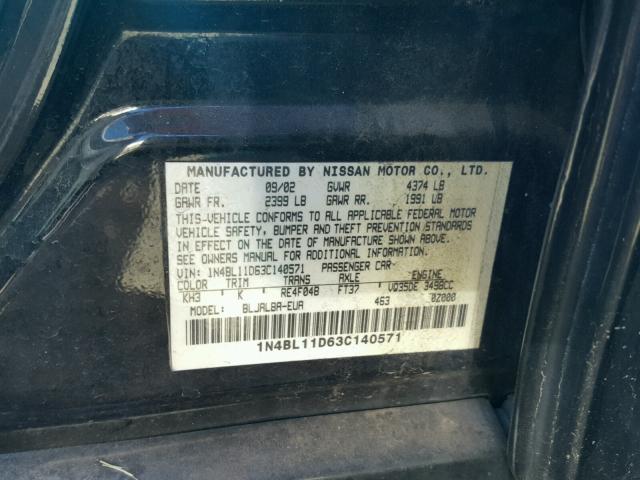 1N4BL11D63C140571 - 2003 NISSAN ALTIMA SE BLACK photo 10