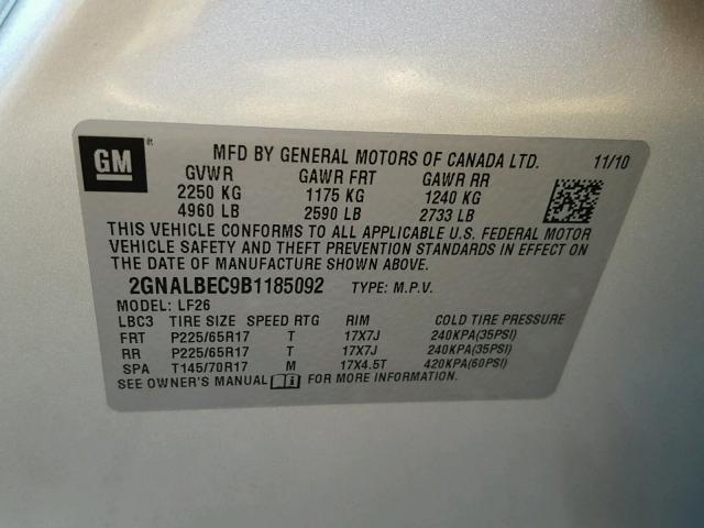 2GNALBEC9B1185092 - 2011 CHEVROLET EQUINOX LS SILVER photo 10