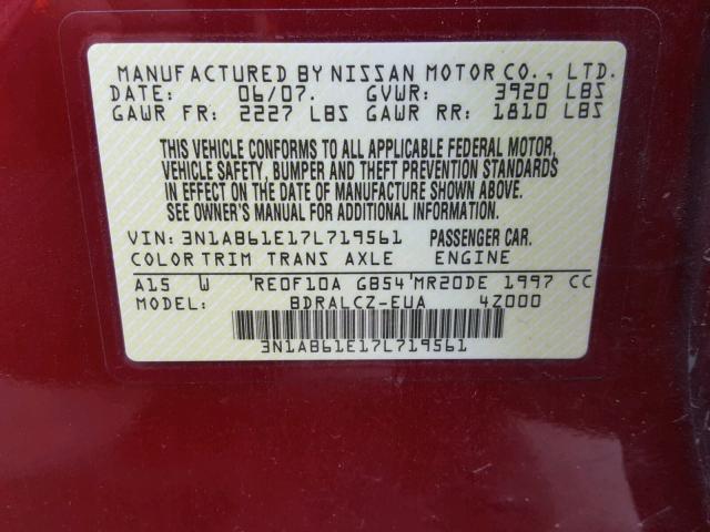 3N1AB61E17L719561 - 2007 NISSAN SENTRA 2.0 MAROON photo 10