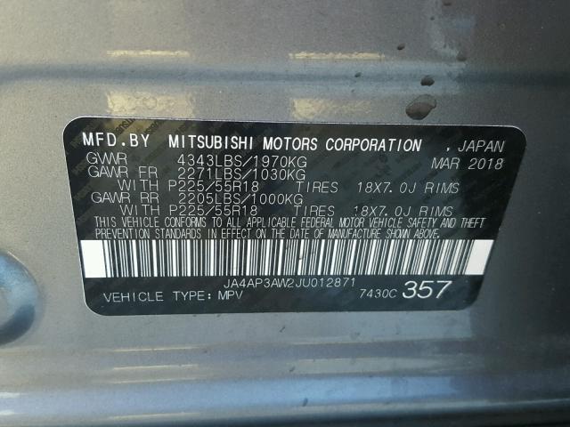 JA4AP3AW2JU012871 - 2018 MITSUBISHI OUTLANDER GRAY photo 10