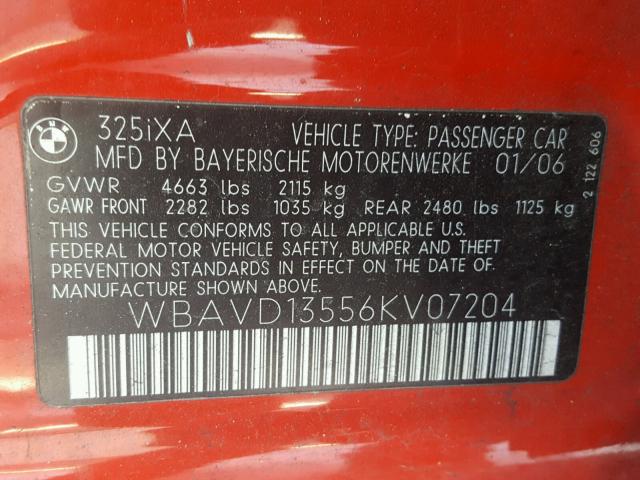 WBAVD13556KV07204 - 2006 BMW 325 XI RED photo 10