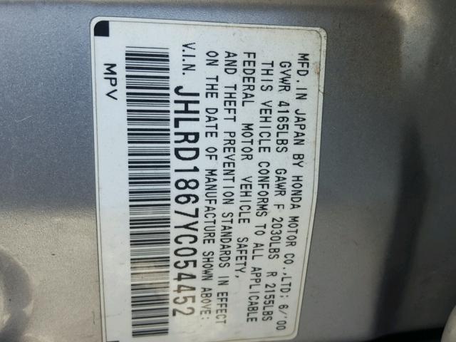 JHLRD1867YC054452 - 2000 HONDA CR-V EX SILVER photo 10