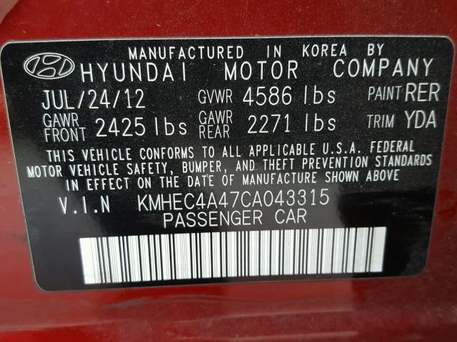 KMHEC4A47CA043315 - 2012 HYUNDAI SONATA HYB RED photo 10