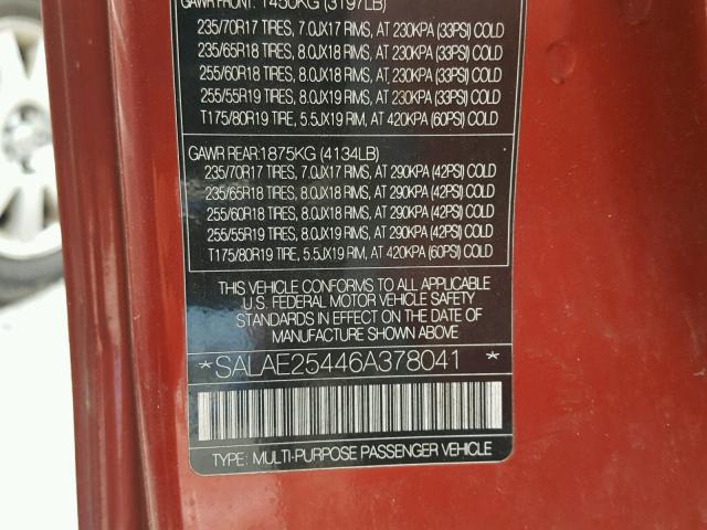 SALAE25446A378041 - 2006 LAND ROVER LR3 SE RED photo 10