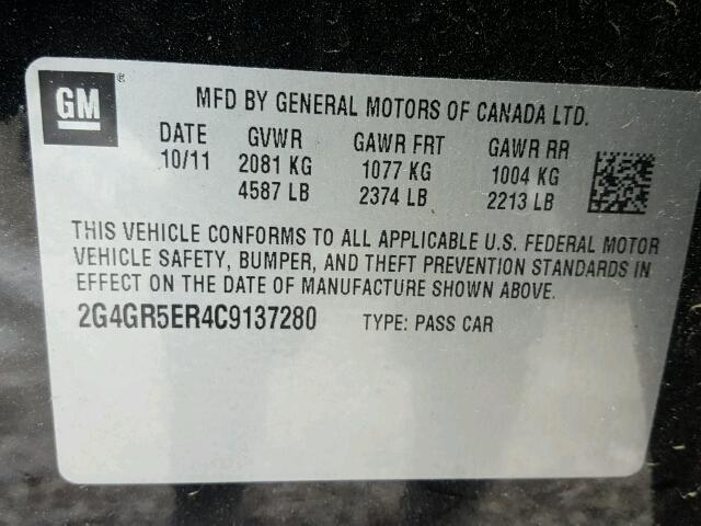 2G4GR5ER4C9137280 - 2012 BUICK REGAL BLACK photo 10