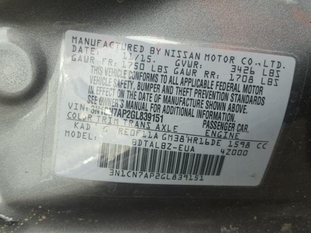 3N1CN7AP2GL839151 - 2016 NISSAN VERSA S GRAY photo 10