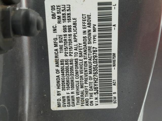 5J6YH27635L029767 - 2005 HONDA ELEMENT EX GRAY photo 10