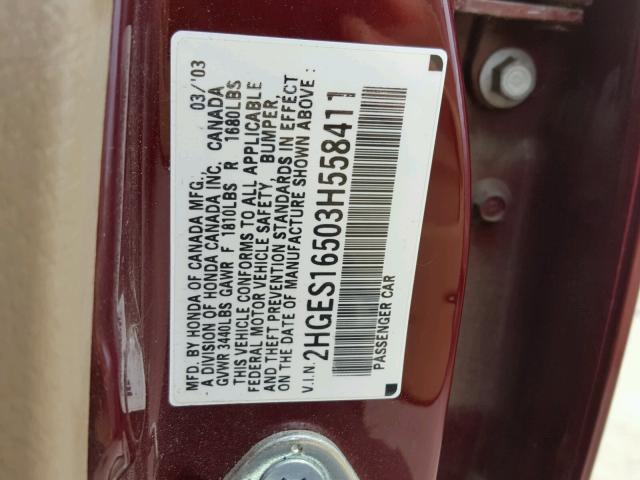 2HGES16503H558411 - 2003 HONDA CIVIC LX MAROON photo 10