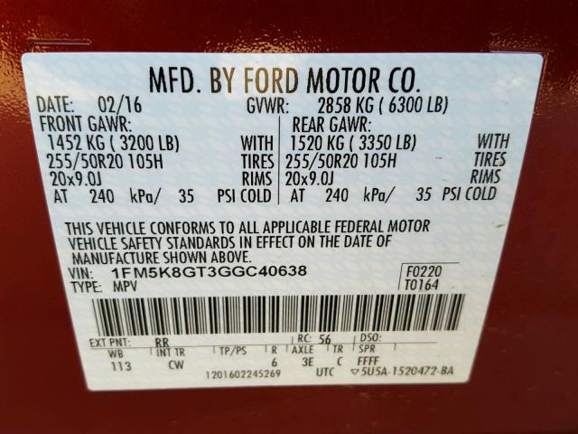 1FM5K8GT3GGC40638 - 2016 FORD EXPLORER S RED photo 10