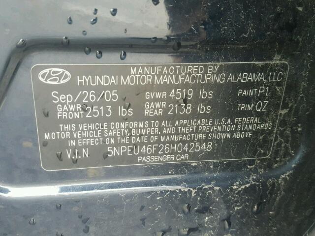 5NPEU46F26H042548 - 2006 HYUNDAI SONATA GLS BLUE photo 10