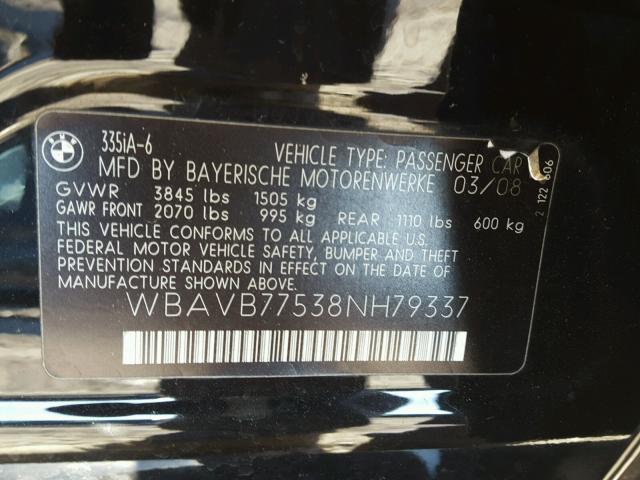 WBAVB77538NH79337 - 2008 BMW 335 I BLACK photo 10