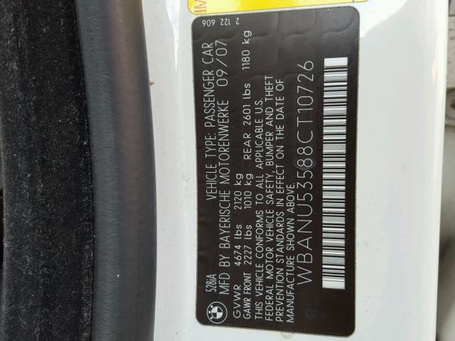 WBANU53588CT10726 - 2008 BMW 528 I WHITE photo 10