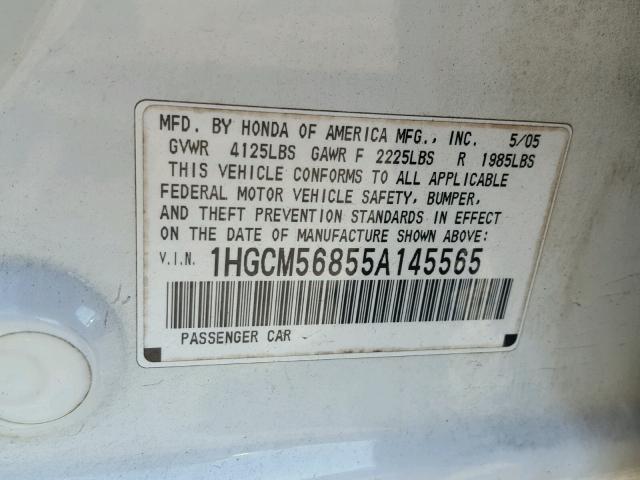 1HGCM56855A145565 - 2005 HONDA ACCORD EX WHITE photo 10