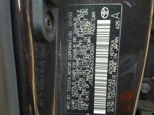 JTDBE32K630243651 - 2003 TOYOTA CAMRY LE ყავისფერი ფოტო 10