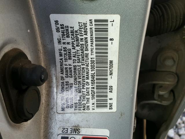 1HGFA16846L100301 - 2006 HONDA CIVIC EX SILVER photo 10