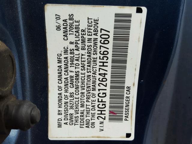 2HGFG12647H567607 - 2007 HONDA CIVIC LX BLUE photo 10