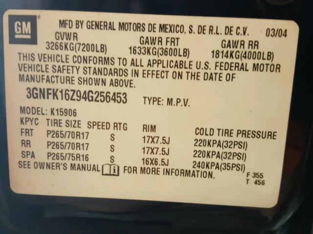 3GNFK16Z94G256453 - 2004 CHEVROLET SUBURBAN K BLUE photo 10