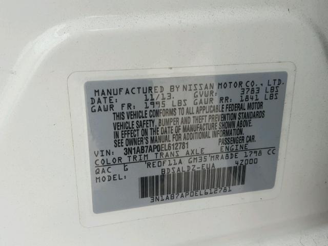 3N1AB7AP0EL612781 - 2014 NISSAN SENTRA S WHITE photo 10