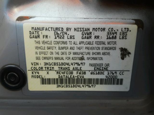 3N1CB51D04L479697 - 2004 NISSAN SENTRA 1.8 SILVER photo 10