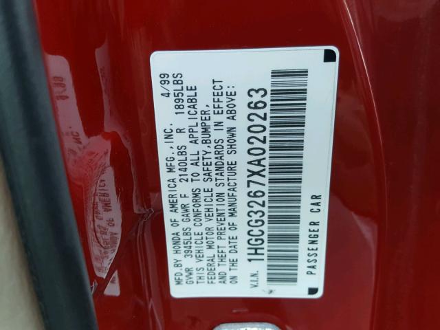 1HGCG3267XA020263 - 1999 HONDA ACCORD LX RED photo 10