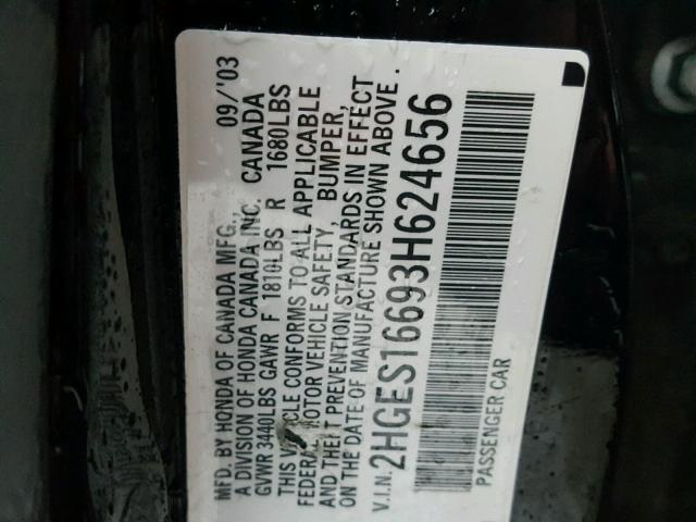 2HGES16693H624656 - 2003 HONDA CIVIC LX BLACK photo 10