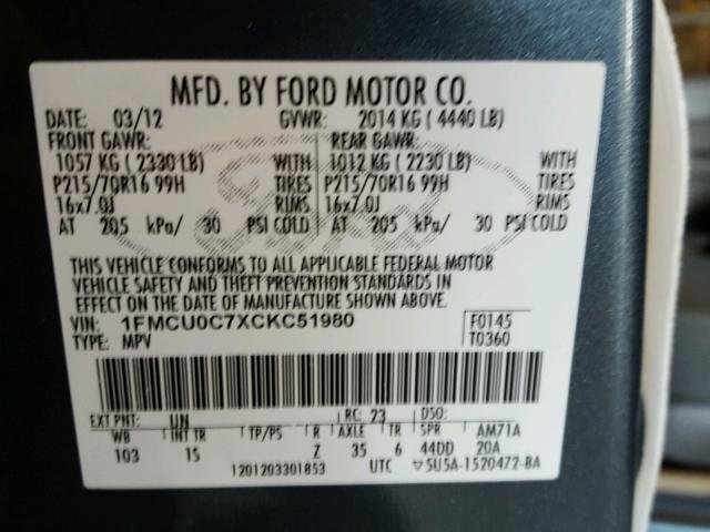 1FMCU0C7XCKC51980 - 2012 FORD ESCAPE XLS CHARCOAL photo 10