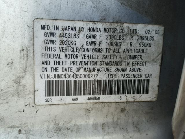 JHMCN36485C006272 - 2005 HONDA ACCORD HYB SILVER photo 10