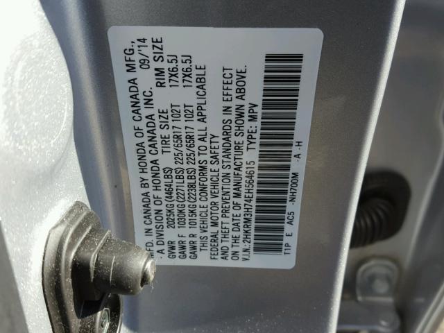 2HKRM3H74EH564615 - 2014 HONDA CR-V EXL SILVER photo 10