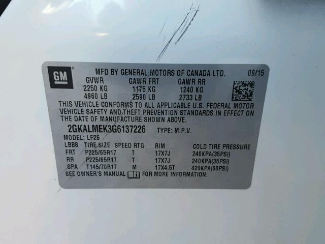 2GKALMEK3G6137226 - 2016 GMC TERRAIN SL WHITE photo 10