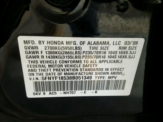 5FNYF18538B051349 - 2008 HONDA PILOT EXL BLACK photo 10