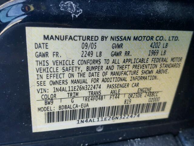 1N4AL11E26N322474 - 2006 NISSAN ALTIMA S BLUE photo 10