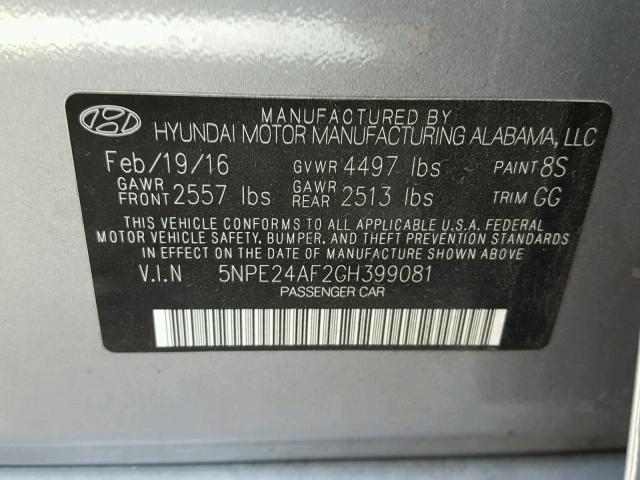 5NPE24AF2GH399081 - 2016 HYUNDAI SONATA SE SILVER photo 10