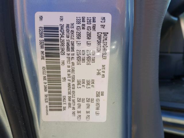 2A4GP54L26R818429 - 2006 CHRYSLER TOWN & COU Mavi foto 10