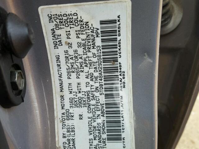 5TDBT48AX2S058153 - 2002 TOYOTA SEQUOIA LI GRAY photo 10