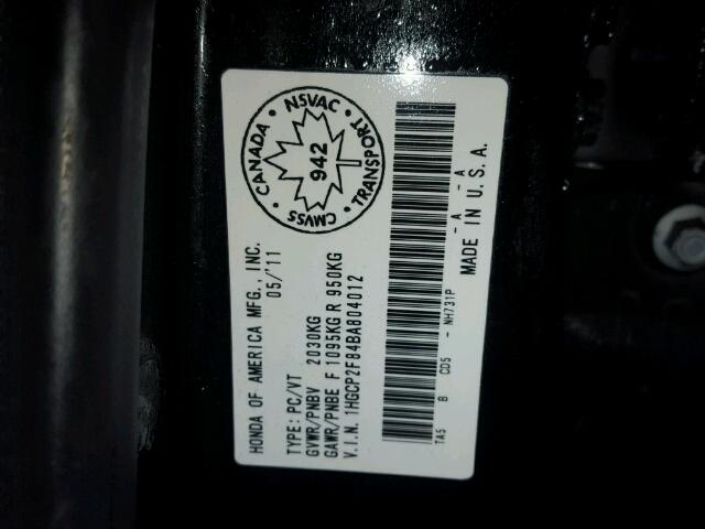 1HGCP2F84BA804012 - 2011 HONDA ACCORD EXL BLACK photo 10