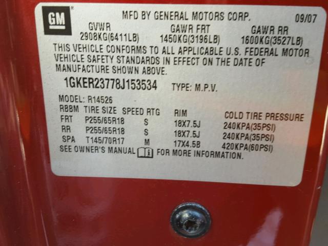 1GKER23778J153534 - 2008 GMC ACADIA SLT RED photo 10