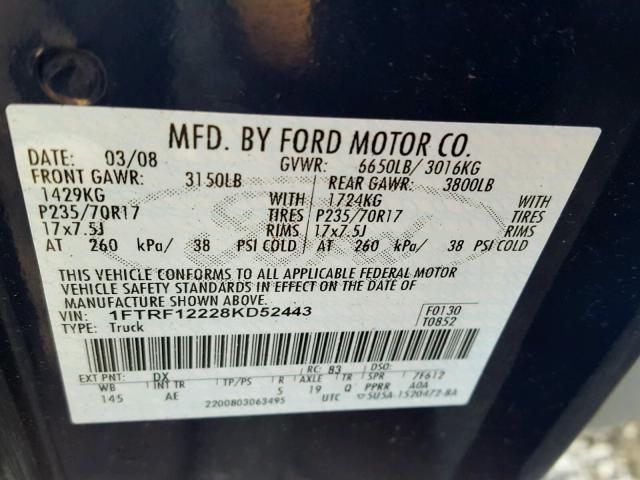 1FTRF12228KD52443 - 2008 FORD F150 BLUE photo 10