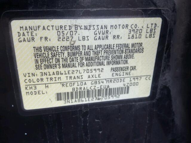 3N1AB61E27L705992 - 2007 NISSAN SENTRA 2.0 BLACK photo 10