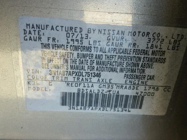 3N1AB7APXDL751346 - 2013 NISSAN SENTRA S SILVER photo 10