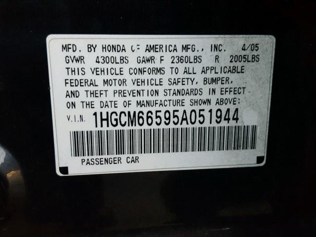 1HGCM66595A051944 - 2005 HONDA ACCORD EX GRAY photo 10