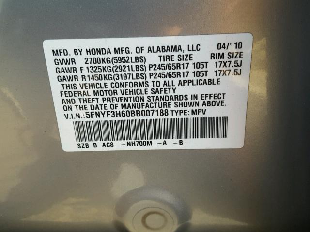 5FNYF3H60BB007188 - 2011 HONDA PILOT EXL SILVER photo 10