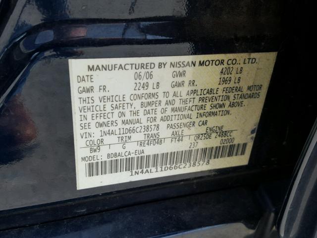 1N4AL11D66C238578 - 2006 NISSAN ALTIMA S BLUE photo 10