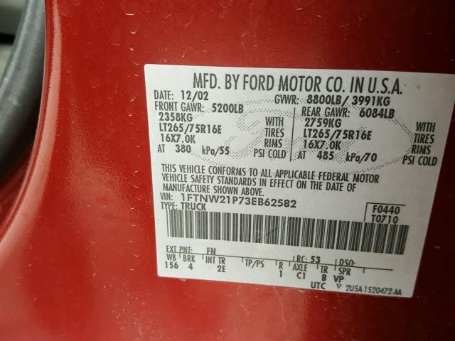 1FTNW21P73EB62582 - 2003 FORD F250 SUPER RED photo 10