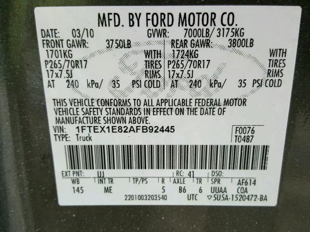 1FTEX1E82AFB92445 - 2010 FORD F150 SUPER GRAY photo 10