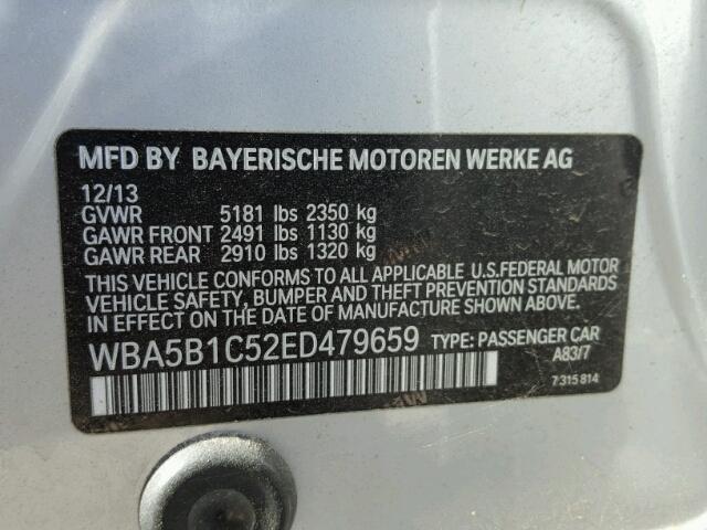 WBA5B1C52ED479659 - 2014 BMW 535 I SILVER photo 10