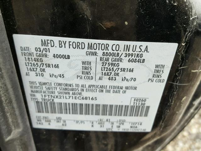 1FTNX21L71EC68165 - 2001 FORD F250 SUPER BLACK photo 10