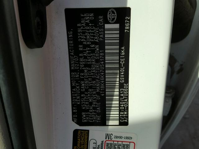 4T1BK46K47U541781 - 2007 TOYOTA CAMRY NEW WHITE photo 10