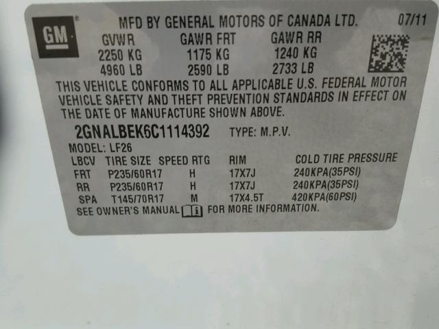 2GNALBEK6C1114392 - 2012 CHEVROLET EQUINOX LS WHITE photo 10